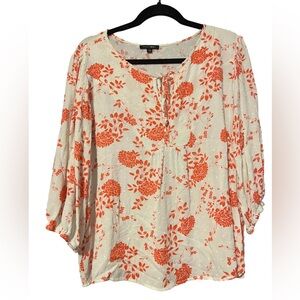 Papermoon Orange Cream Keyhole Blouse XXL Floral Top 3/4 Sleeve Crinkle EUC